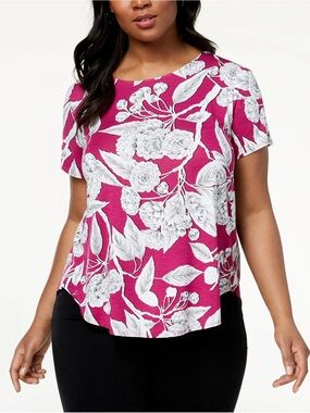 Alfani Fuchsia and White Floral Short-Sleeve Tee 3X
